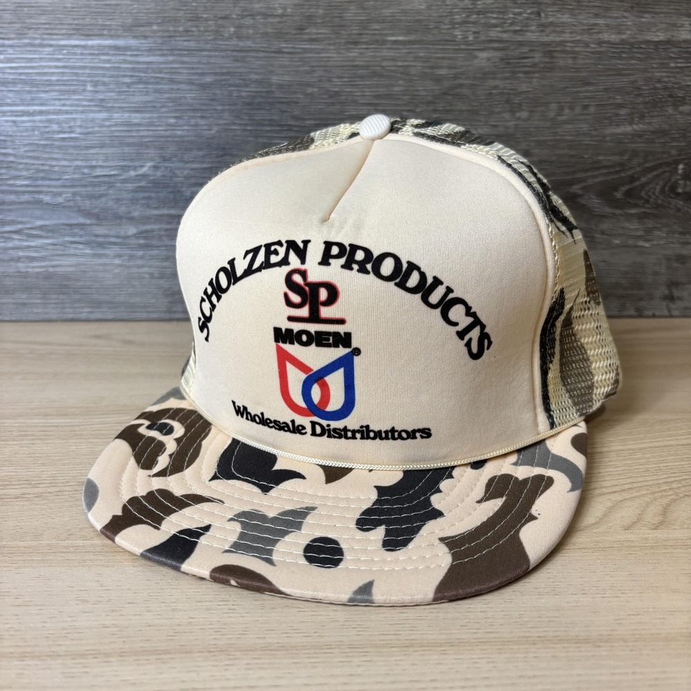 Vintage MOEN Scholzen Products Hat Cap Snap Back Tan Camo Trucker Mesh - Picture 3 of 9